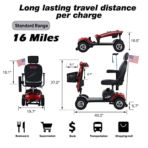 4 Wheel Mobility Scooter, Portable Electric Power Wheelchair, Range Extended Battery Compact Heavy Duty Travel Scooter, with Front Rear Lights and Basket for Seniors, Adults,Handicapped, Elderly (Red) - Image 2