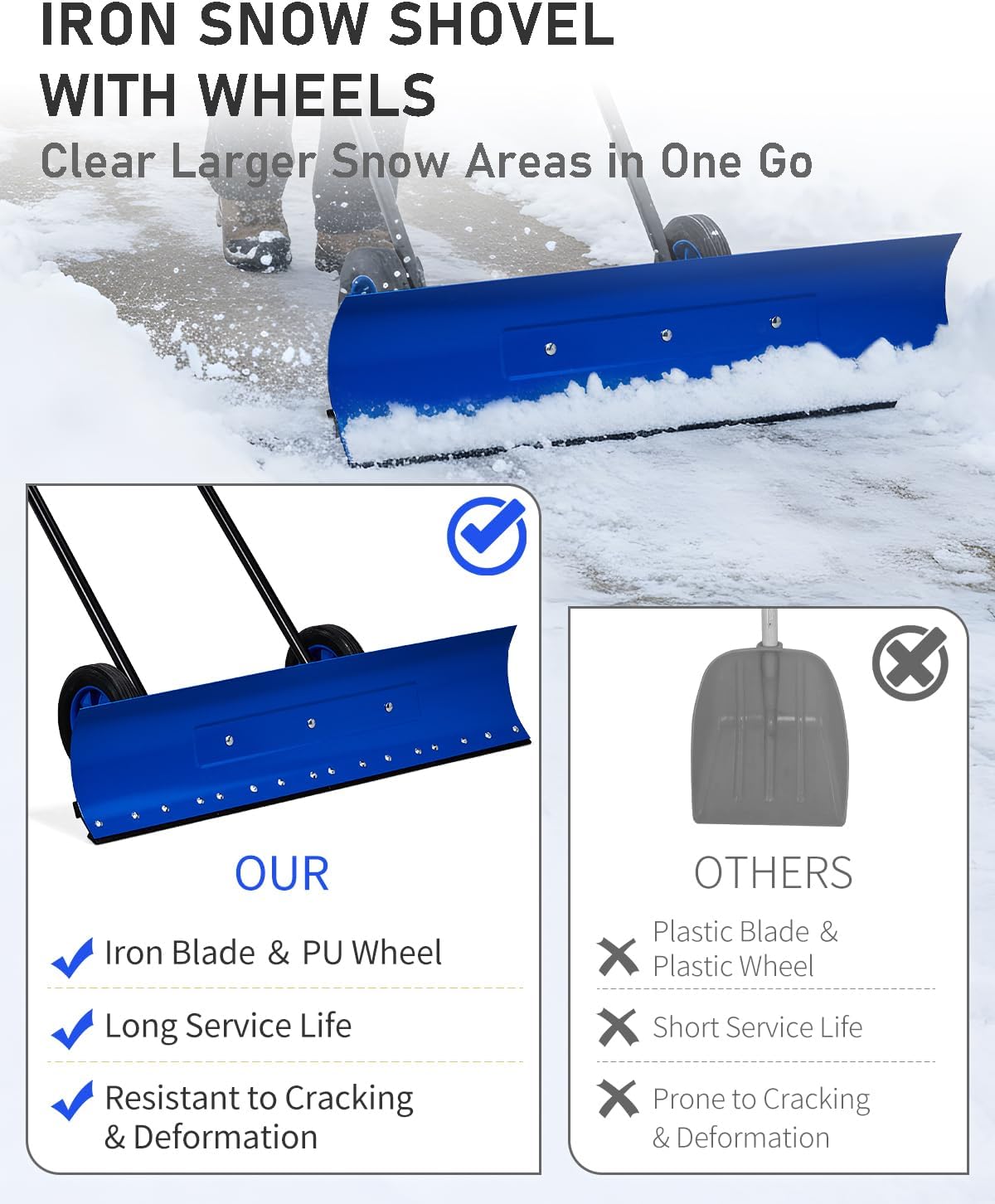 Outvita Snow Shovel with Wheels, 29 Wide 18 Long Snow Plow Shovel Angle & Height Adjustable Padded Handle Efficient Snow Clean Tool for Driveway or Pavement (Yellow) - Image 35