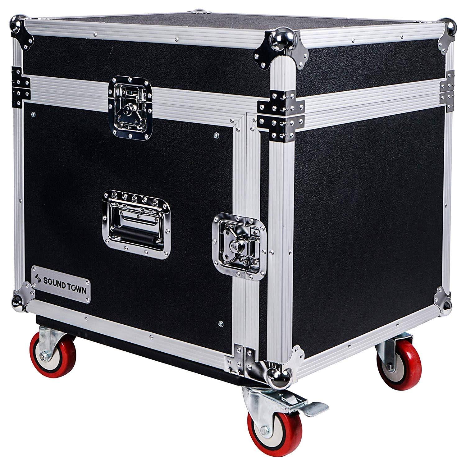 Sound Town 8-Space Pa/dj Rack/Road Case with Slant Mixer Top and Casters (STMR-8UW)