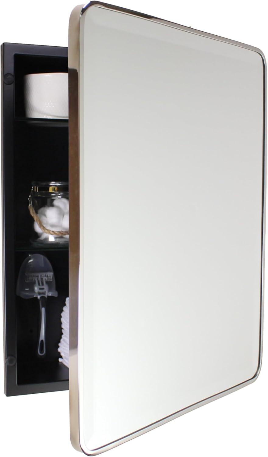 16×20 Austin Farmhouse Metal Framed Rounded Rectangle Recessed Bathroom Medicine Cabinet, Beveled Mirror, 14×18 in-Wall Opening, powder-coated Steel, Glass Shelves, Magnet Close, Brushed Nickel - Image 12