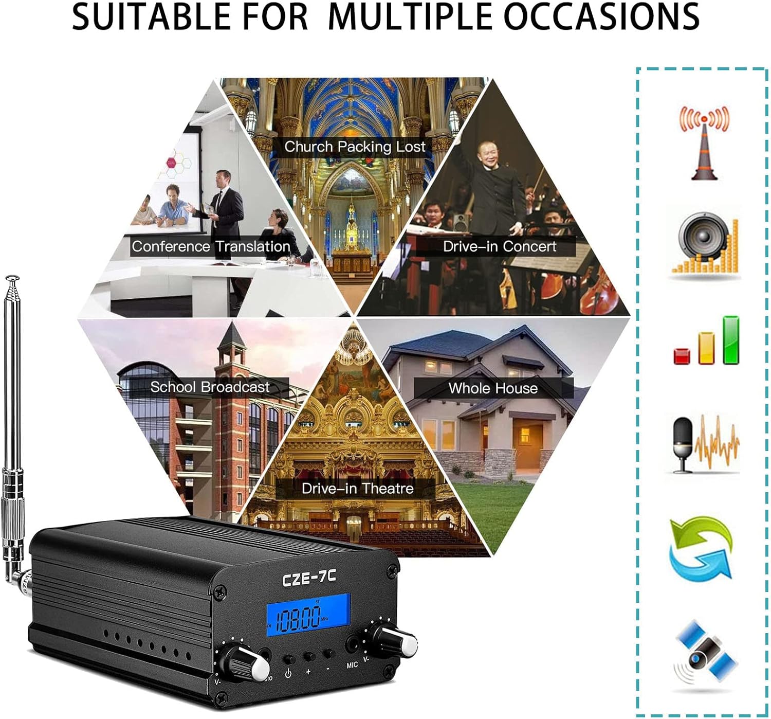 RICHRYCE FM Transmitter for Church, 1W / 7W Broadcast Radio Stereo Station ??Fcc Certified Wireless Broadcast Transmitter 76M to 108Mhz with Mic for Drive-in Movie Theater ??Campus - Image 4
