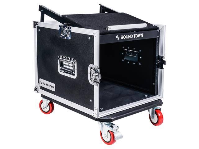 Sound Town 8-Space Pa/dj Rack/Road Case with Slant Mixer Top and Casters (STMR-8UW) - Image 2