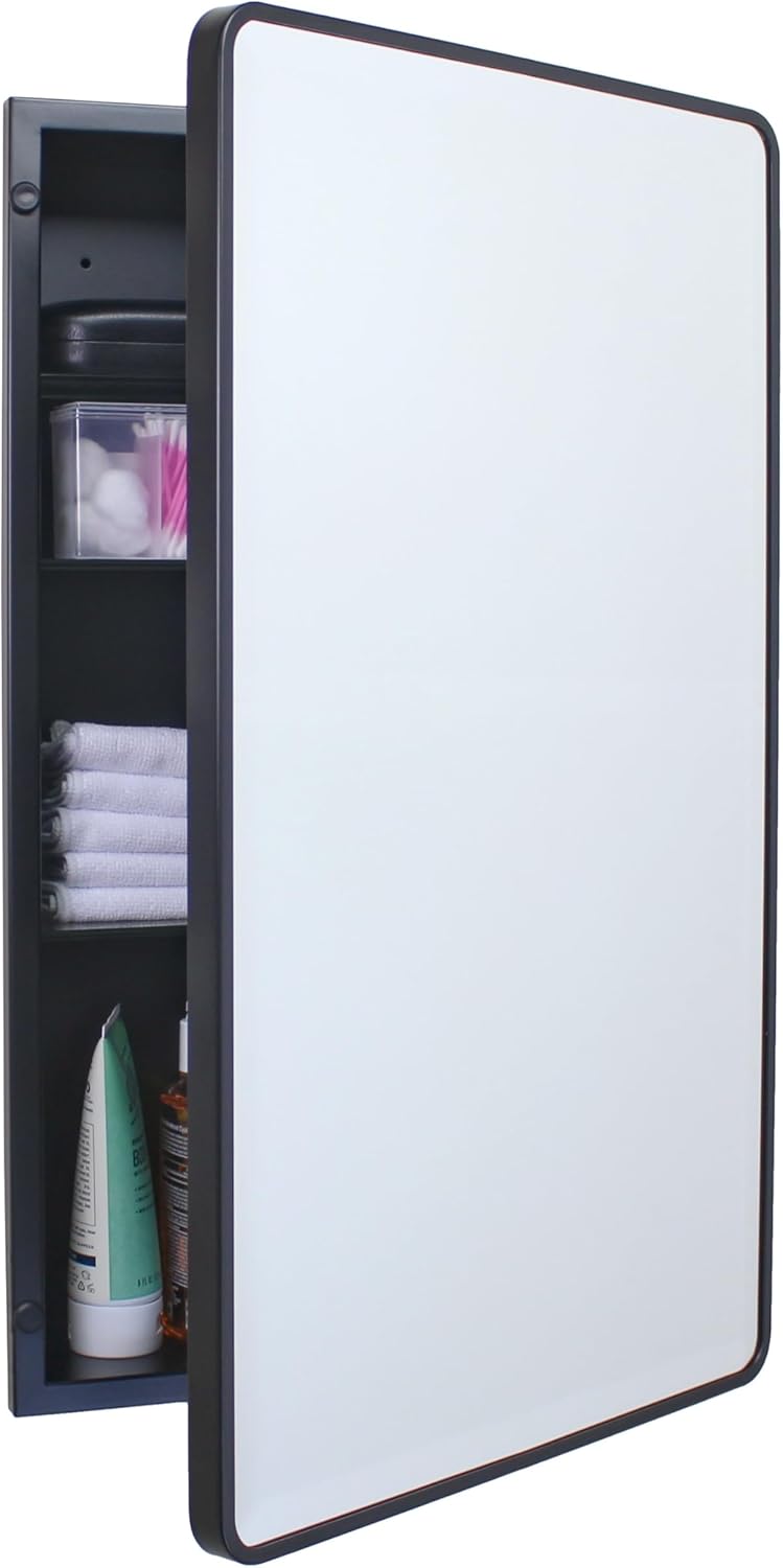 16×20 Austin Farmhouse Metal Framed Rounded Rectangle Recessed Bathroom Medicine Cabinet, Beveled Mirror, 14×18 in-Wall Opening, powder-coated Steel, Glass Shelves, Magnet Close, Brushed Nickel - Image 2