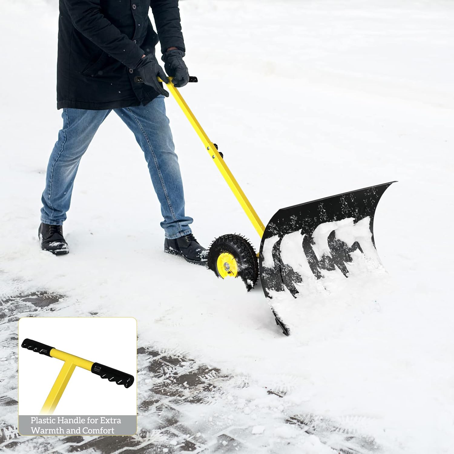 Outvita Snow Shovel with Wheels, 29 Wide 18 Long Snow Plow Shovel Angle & Height Adjustable Padded Handle Efficient Snow Clean Tool for Driveway or Pavement (Yellow) - Image 10