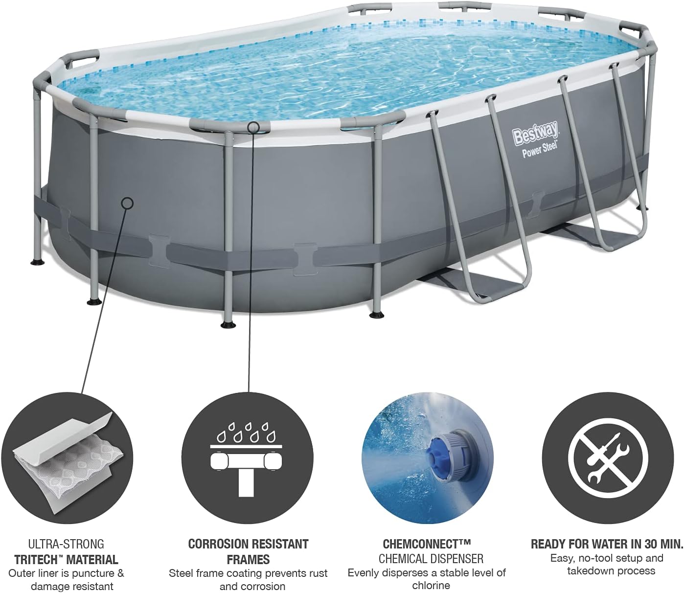 Bestway 56655E Power Steel 16ft x 10ft x 42in Outdoor Oval Frame Above Ground Swimming Pool Set with 1000 GPH Cartridge Filter Pump, Ladder, and Cover - Image 11